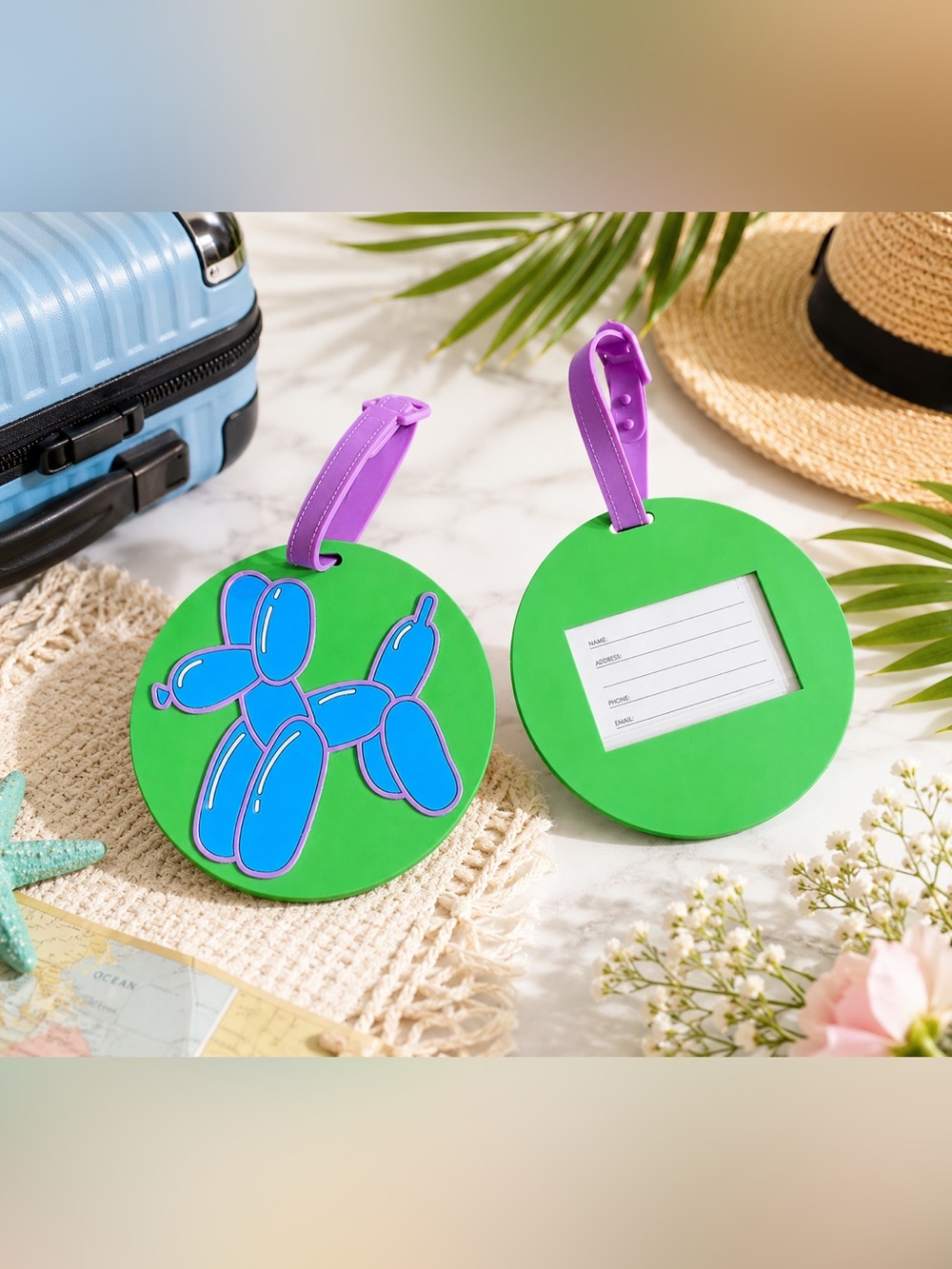 Green Round Luggage Tag with Blue Balloon Dog Design
